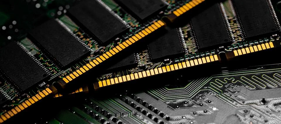 Macro Close up of computer RAM chip and motherboard Stock Photos