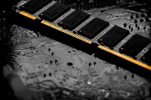 Macro Close up of computer RAM chip and motherboard Foto stock