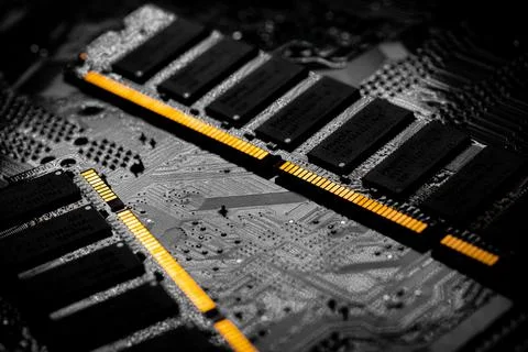 Macro Close up of computer RAM chip and motherboard Stock Photos