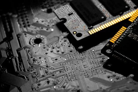 Macro Close up of computer RAM chip and motherboard Stock Photos