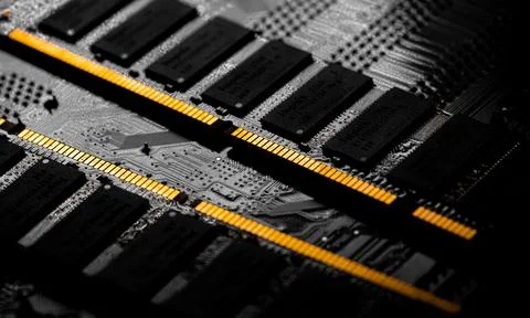 Macro Close up of computer RAM chip and motherboard Stock Photos