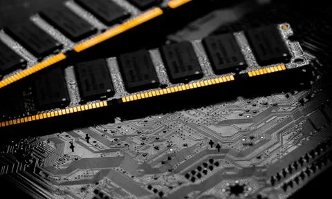 Macro Close up of computer RAM chip and motherboard Stock Photos