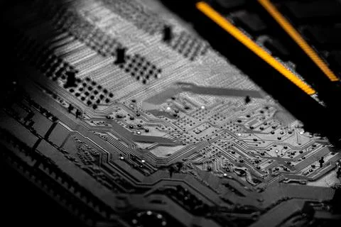 Macro Close up of computer RAM chip and motherboard Stock Photos