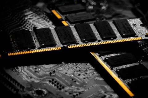 Macro Close up of computer RAM chip and motherboard Foto stock