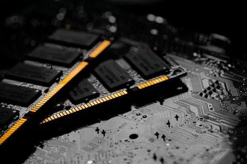 Macro Close up of computer RAM chip and motherboard Stock Photos