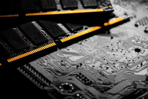 Macro Close up of computer RAM chip and motherboard Stock Photos