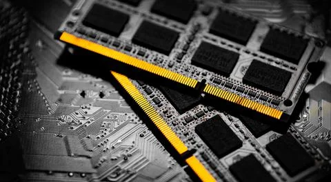 Macro Close up of computer RAM chip and motherboard. Stock Photos
