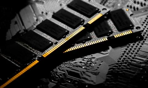Macro Close up of computer RAM chip and motherboard Stock Photos