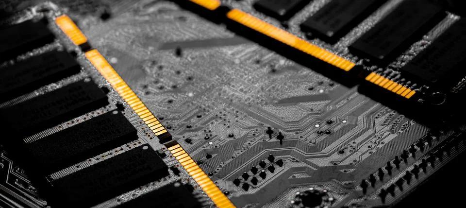 Macro Close up of computer RAM chip and motherboard Stock Photos