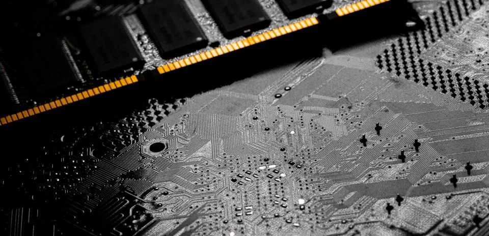 Macro Close up of computer RAM chip and motherboard Stock Photos