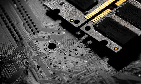 Macro Close up of computer RAM chip and motherboard Stock Photos