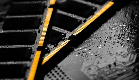 Macro Close up of computer RAM chip and motherboard Stock Photos