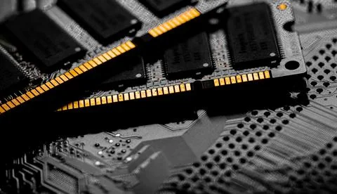 Macro Close up of computer RAM chip and motherboard Stock Photos