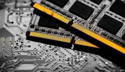 Macro Close up of computer RAM chip and motherboard. Stock Photos