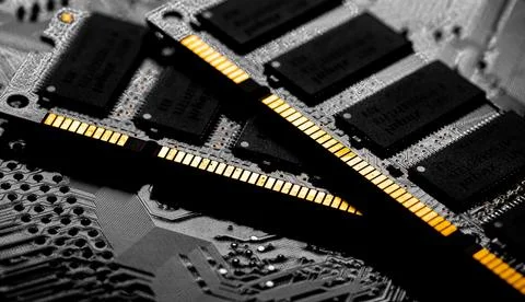 Macro Close up of computer RAM chip and motherboard Stock Photos
