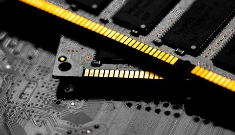Macro Close up of computer RAM chip and motherboard Stock Photos