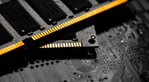 Macro Close up of computer RAM chip and motherboard Macro Close up of comp... Stock Photos