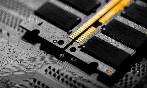 Macro Close up of computer RAM chip and motherboard Macro Close up of comp... Stock Photos