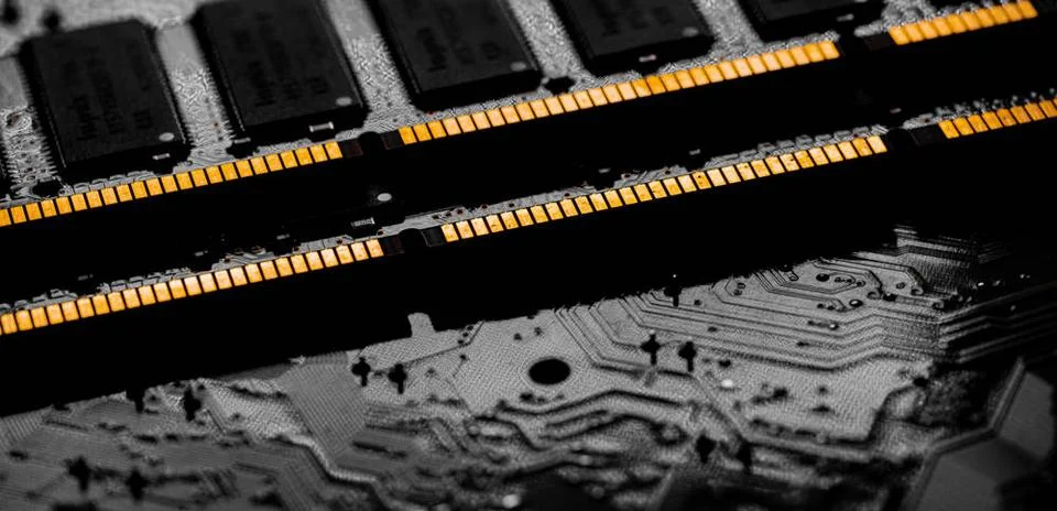 Macro Close up of computer RAM chip and motherboard Macro Close up of comp... Stock Photos