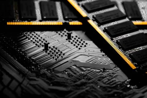 Macro Close up of computer RAM chip and motherboard Macro Close up of comp... Foto stock