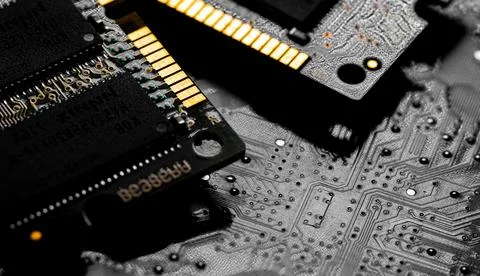 Macro Close up of computer RAM chip and motherboard Stock Photos