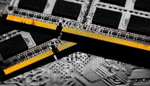 Macro Close up of computer RAM chip and motherboard. Stock Photos