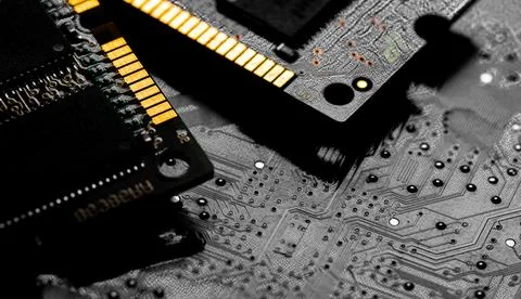 Macro Close up of computer RAM chip and motherboard Stock Photos