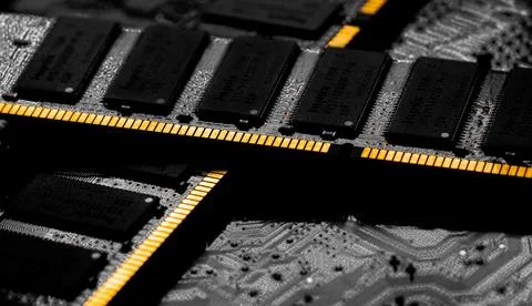 Macro Close up of computer RAM chip and motherboard Stock Photos