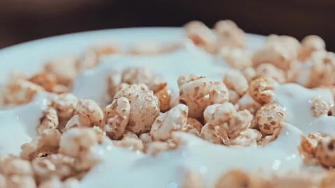 Macro Close-Up of Crispy Puffed Grain Cereal in Creamy Yogurt Stock Footage 335895248