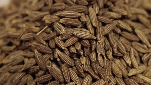 Macro close up of cumin seeds falling into a white bowl Stock Footage 156455652