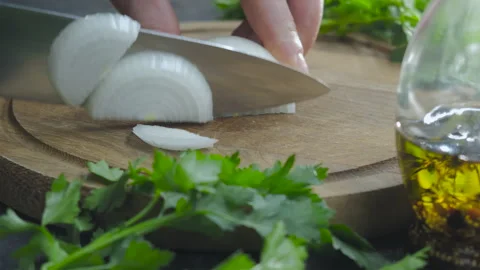 Macro close up of cutting red onion on professional kitchen. Stock Footage 256056651