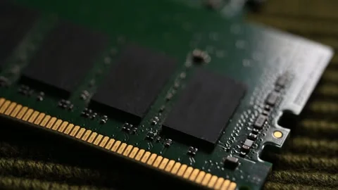 Macro Close Up of DDR4 RAM Gold Contacts with Shifting Colorful Light Stock Footage 344955487