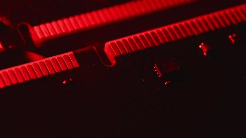 Macro Close Up of DDR4 RAM Gold Contacts with Shifting Colorful Light Stock Footage 344955732