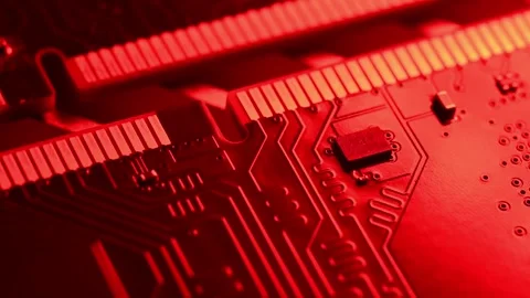 Macro Close Up of DDR4 RAM Gold Contacts with Shifting Colorful Light Stock Footage 344955807
