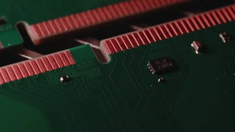 Macro Close Up of DDR4 RAM Gold Contacts with Shifting Colorful Light Stock Footage 344955815