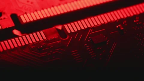 Macro Close Up of DDR4 RAM Gold Contacts with Shifting Colorful Light Stock Footage 344955844