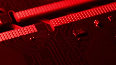 Macro Close Up of DDR4 RAM Gold Contacts with Shifting Colorful Light Stock Footage 344955857