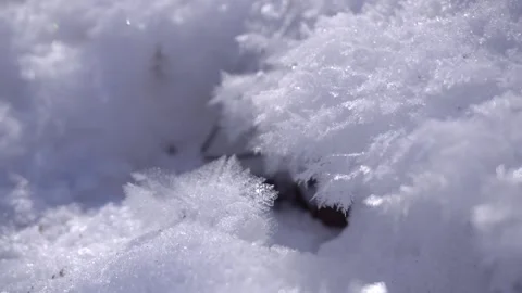 Macro Close Up of Delicate Ice Crystals Forming on Frozen Winter Snow Surface Stock Footage 342212228