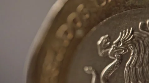 Macro close up of detailed eagle engraving on metallic coin surface with raised Stock Footage 343969642