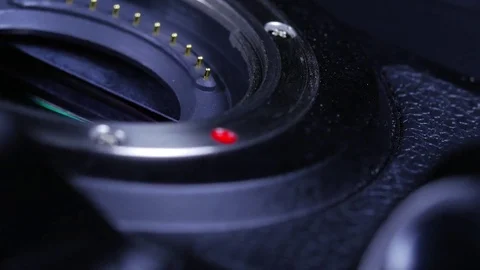 Macro close up of dslr camera body and mirrorless sensor rotating around Video stock 70242179