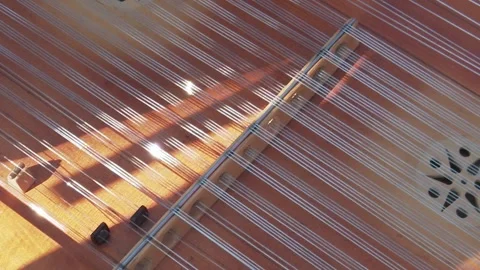 Macro Close-Up of Dulcimer Strings and Wooden Soundboard 動画素材 346764463