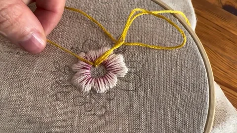 Macro close up of embroidery stitches on fabric, textile detail, yellow thread Stock Footage 334182853