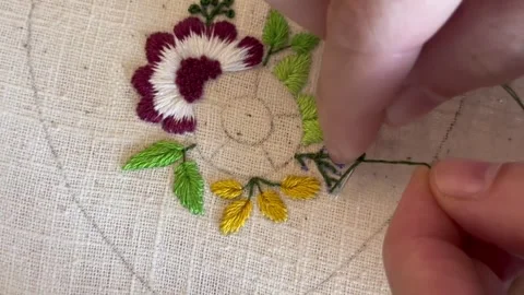 Macro close up of embroidery stitches on fabric, green thread Stock Footage 335193792