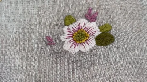 Macro close up of embroidery stitches on linen fabric Stock Footage 335193840