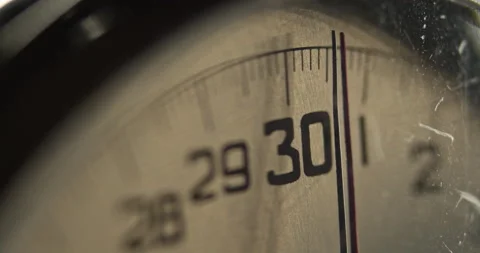 Macro close up of the front face of old, worn, vintage Stopwatch, Timer. 30sec Stock Footage 143436020