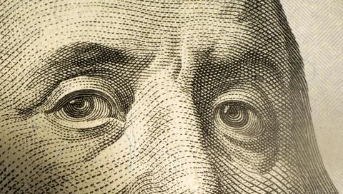 Macro close up of George Washington eyes on US dollar banknote. Money dolla.. Stock Illustration