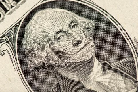 Macro close-up of George Washington on a US one dollar bill. American 1 dol.. Stock Illustration