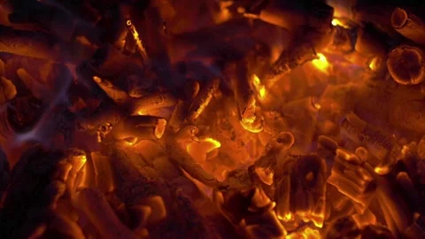 Macro Close up of Glowing Red Wood Embers in a Fireplace Video stock 336120709