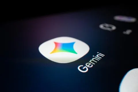 Macro close up of Google Gemini AI app icon on tablet screen Stock Photos