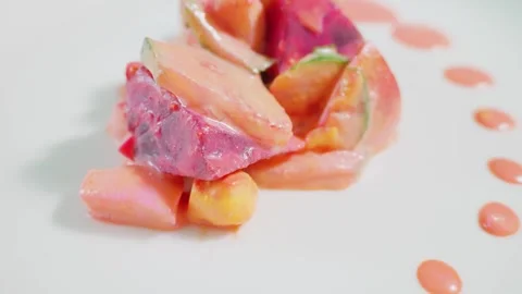 Macro close up of gourmet beetroot salad with cream dressing Stock Footage 340433378